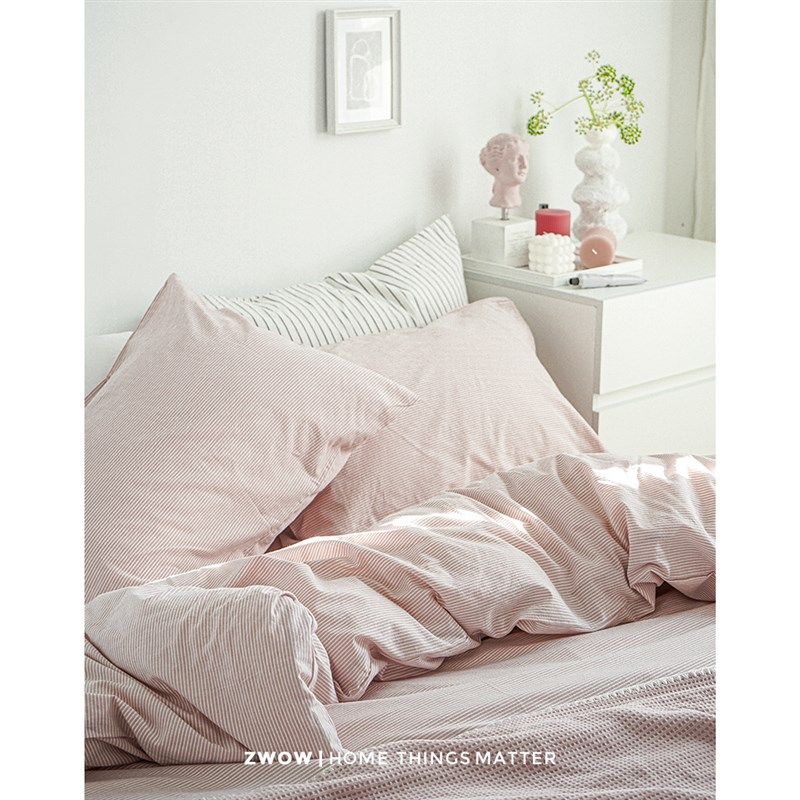 造卧zwow条纹水洗棉粉色床品夏季夏少女四O件套网红床单被套件,床上用品,床品套件/四件套/多件套,淘宝优惠券,粉丝福利购,淘宝优惠卷