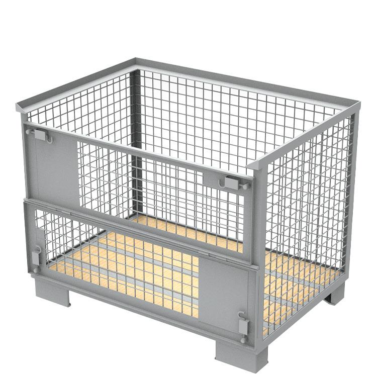 欧式网格料箱实木底板三面围栏一侧面开门固定式钢制堆垛铁箱