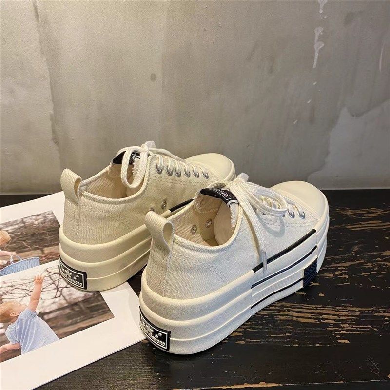 厚底帆布鞋女新款低帮增高松糕黑色百搭圆L头系带平底布鞋休闲板,女鞋,帆布鞋,淘宝优惠券,粉丝福利购,淘宝优惠卷
