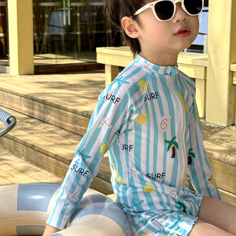 男童泳衣2025新款儿童夏装长袖连体泳装宝宝洋气可爱条.纹游泳衣