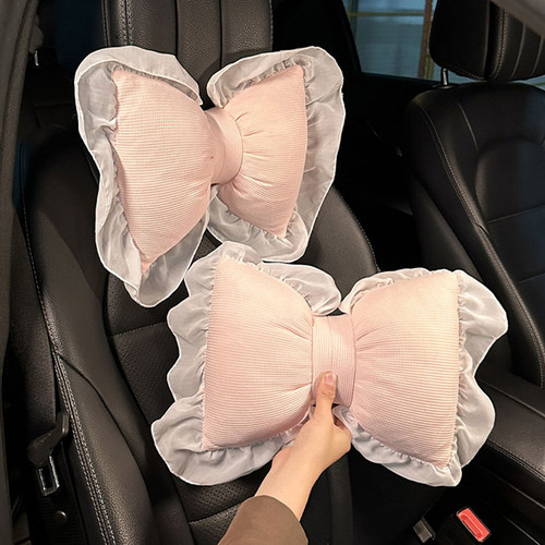 汽车头枕护颈枕一对粉p色可爱女蕾丝边靠枕车内用座椅腰靠套装高