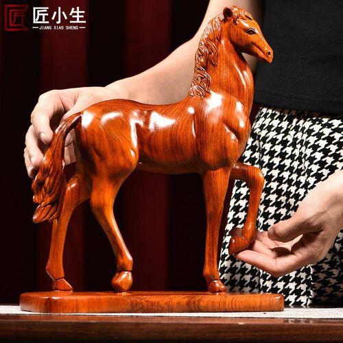 木雕摆件悬崖勒马实木头质雕刻动物生肖中式O客厅办公摆设工艺礼
