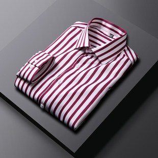 红色条纹衬衫男长袖秋季薄款雪纺村子抗皱大肚子拼色弹力衬衣潮流
