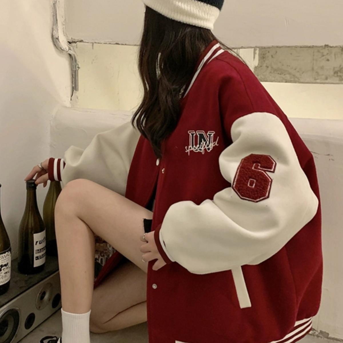 薄款休闲美式棒球服高中学生少女初中复古酒红色外套2024新款春秋