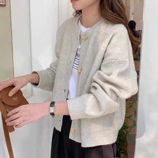 AE针织开衫女装秋冬季韩版纽扣优雅时尚上衣外套毛衣慵懒风圆领