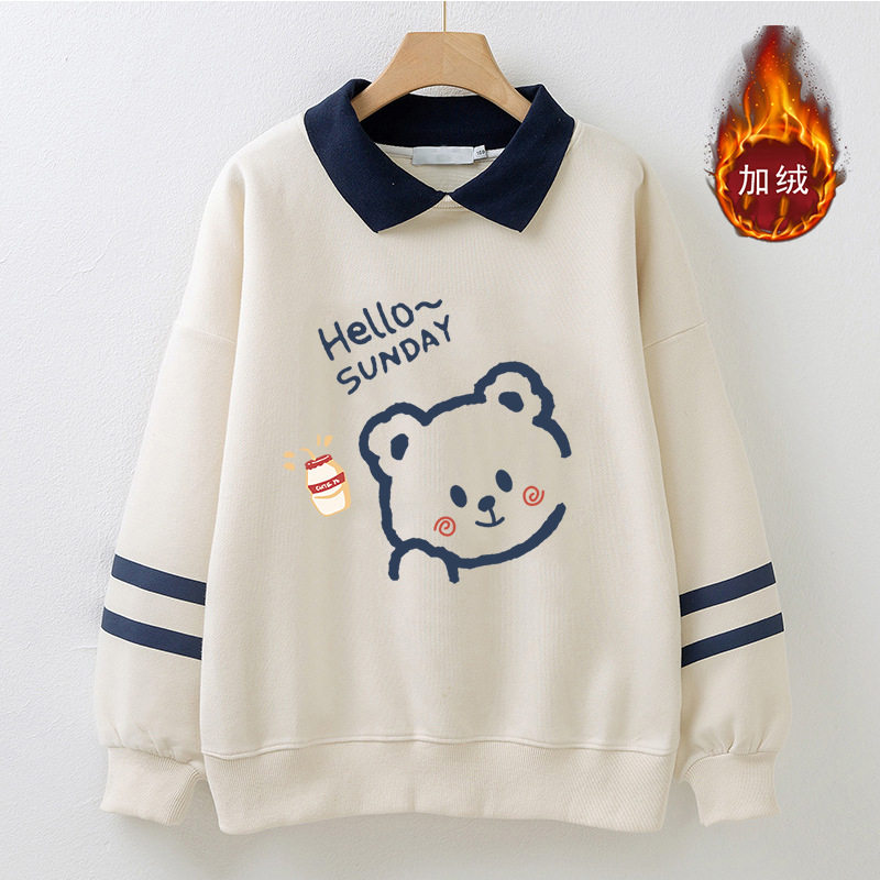 AE初中生秋冬加绒加厚polo领卫衣女孩大童学院风假两件长袖打底上