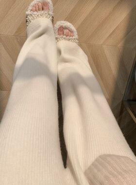 AE白色裤子女高腰显瘦直筒垂感条纹针织阔腿裤年新款羊毛裤秋冬