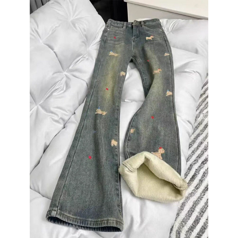 AE大码加绒加厚微喇叭牛仔裤女秋冬胖mm高腰显瘦弹力直筒阔腿马蹄