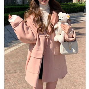 AE小个子中长款毛呢外套女秋冬新款设计感粉色连帽呢子大衣外贸