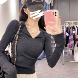 欧货上衣ins 法式 Polo领长袖 l针织衫 女早秋冬设计感纯欲毛衣打底衫