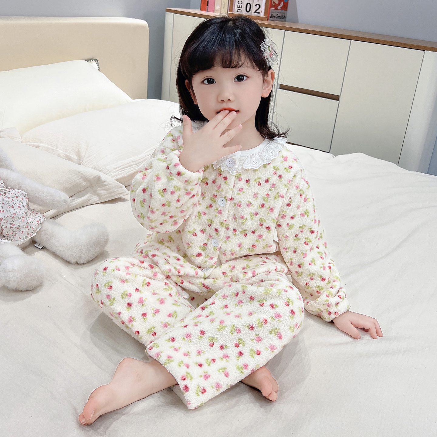 珊瑚绒开衫套装秋冬季碎花加厚