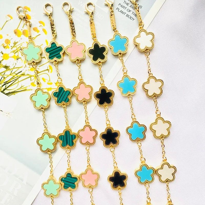 Five Flower Charm Bracelet Gold Plated DoubleQ Colorful Clov