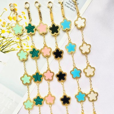Five Flower Charm Bracelet Gold Plated DoubleQ Colorful Clov