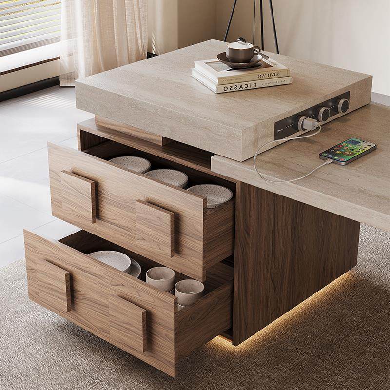 熹沐家俱岛台餐桌一体家用可伸缩洞石岩板中古风厨房中导台小户型,住宅家具,岛台餐桌,淘宝优惠券,粉丝福利购,淘宝优惠卷