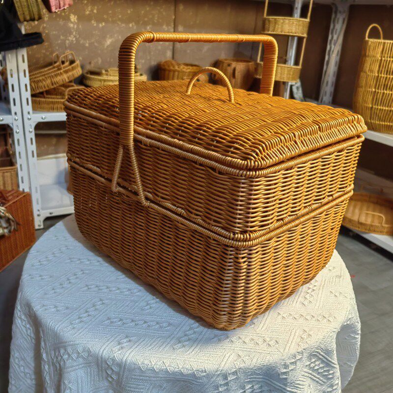 仿藤塑料编织提手方形野餐篮PP大容量双层购物菜篮采摘果子果蔬篮