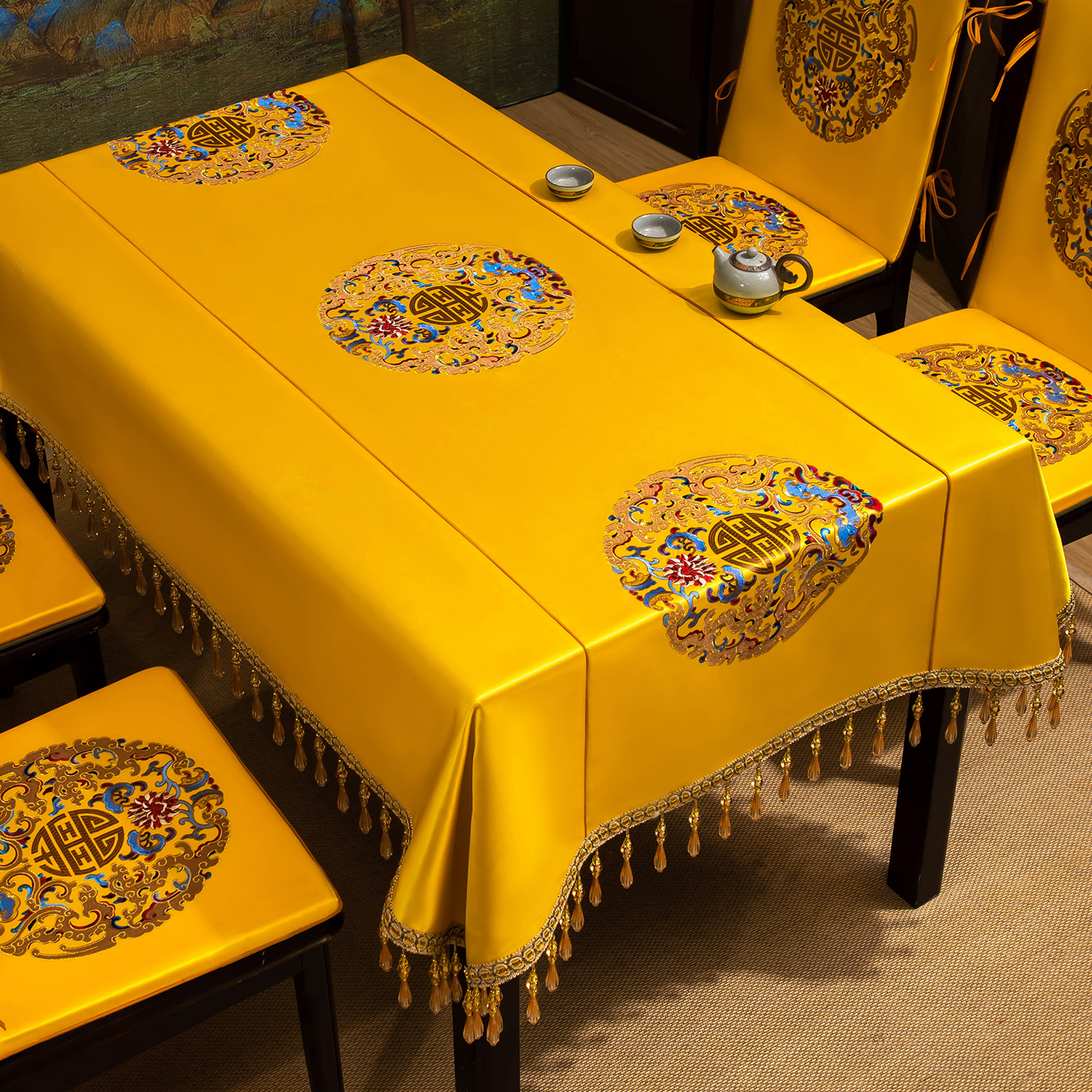 黄色轻奢高级感高端防水茶台桌布
