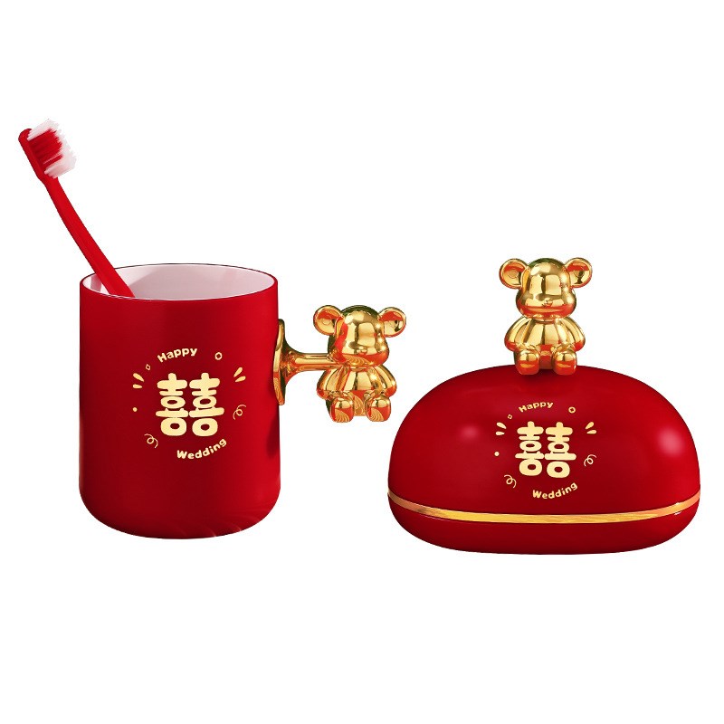 结婚洗漱套装皂盒杯子一对女方陪嫁物品婚礼牙刷口杯喜皂婚庆用品