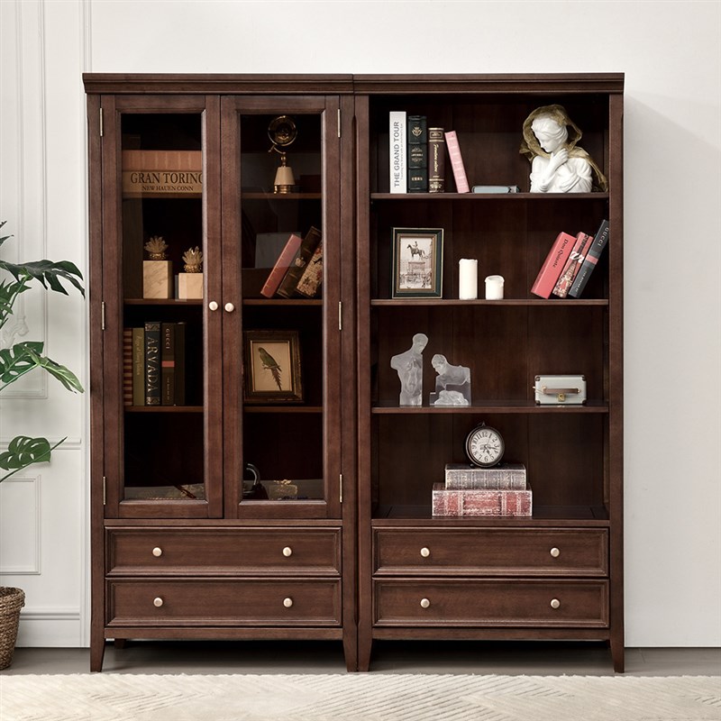 美式双门书柜实木家用书橱书架两门展示柜客厅带玻璃落地储物酒柜