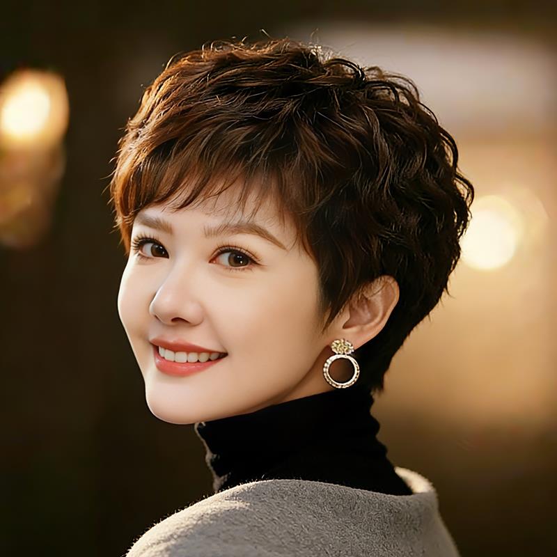 假发全头套女短发真人发丝妈妈款卷发头套自然全真发中老年假发套
