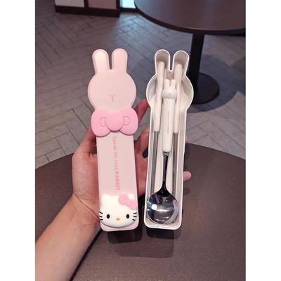 哈喽kt筷子勺子套装一人用便携式餐具收纳盒学生不锈钢筷勺三件套