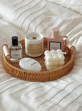 拍照道具韩系仿藤编收纳托盘香薰木质手柄装饰摆件收纳筐展示