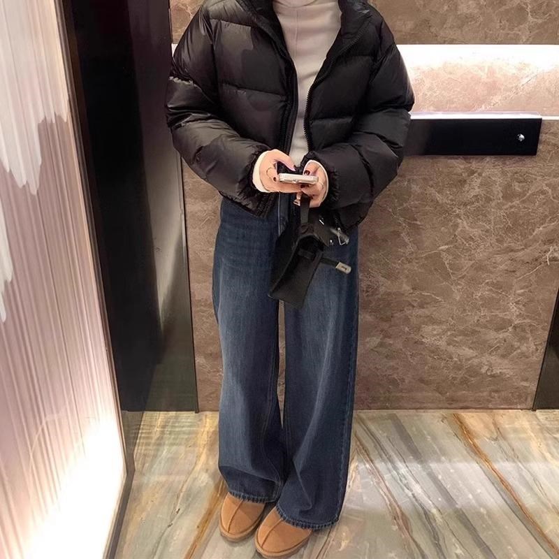 蓝灰色窄版直筒牛仔裤女秋冬季加绒大码胖妹妹mm高腰遮胯阔腿长裤