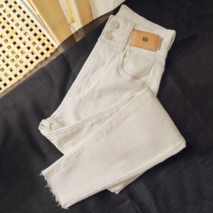 女秋冬款 米白色加绒牛仔裤 高腰毛边显瘦紧身小脚裤 百搭小白裤