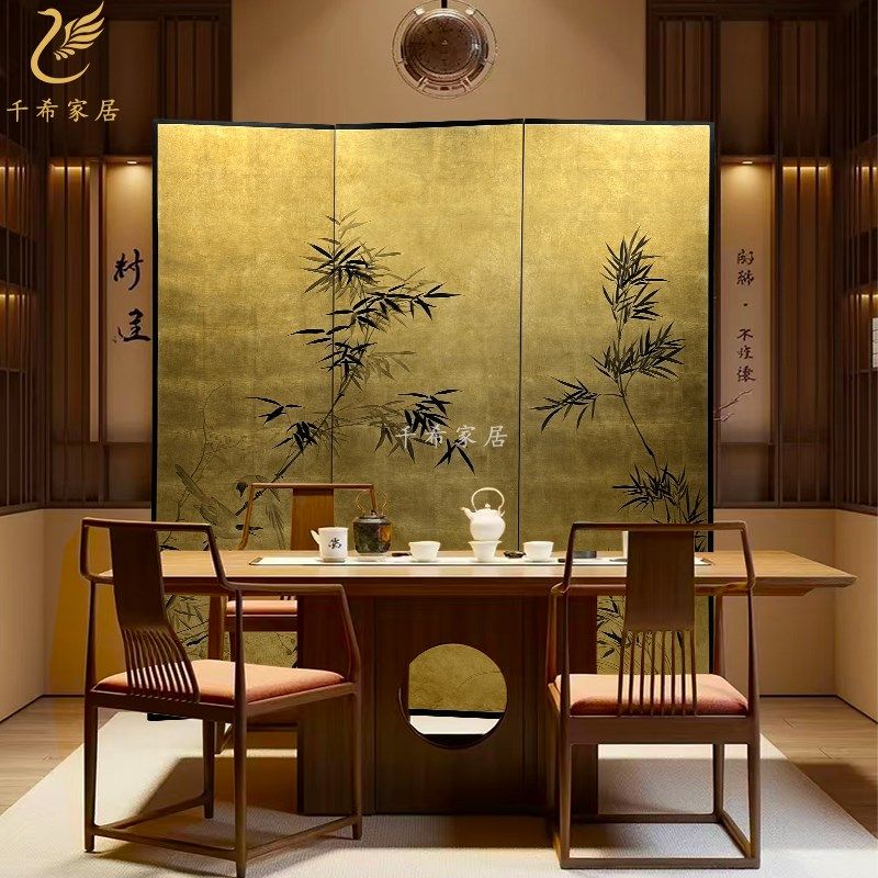 中古风手绘漆画竹子金箔屏风侘寂风茶室客厅沙发办公室背景折叠屏