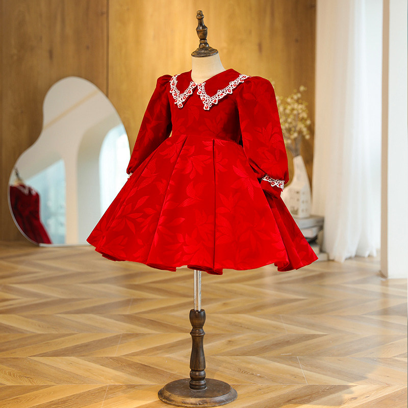 儿童酒红礼服加厚演奏生日演出服高端女童主持人中国风晚礼服轻奢
