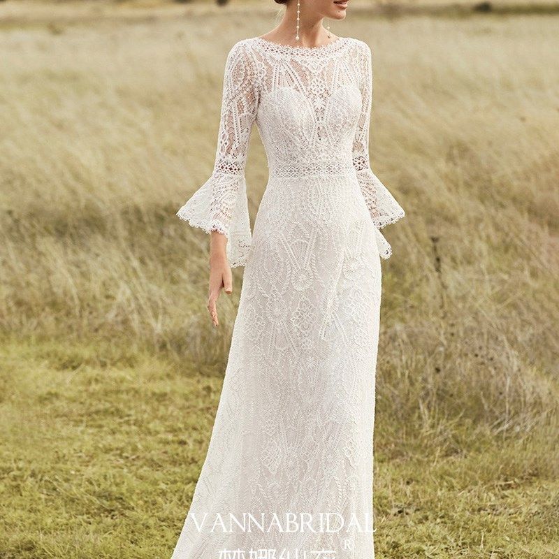 梵娜仙衣复古波西米亚蕾丝喇叭袖轻婚纱新娘户外草坪婚礼旅拍轻纱