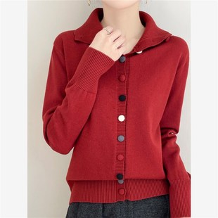 安可拉红色复古立领针织开衫外套上衣秋冬彩扣高领毛衣圣诞节新年