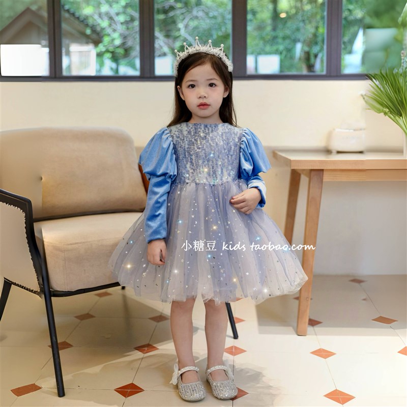 女童蓝色加绒亮片网纱连衣裙2024秋冬新款女孩爱沙公主裙生日裙子