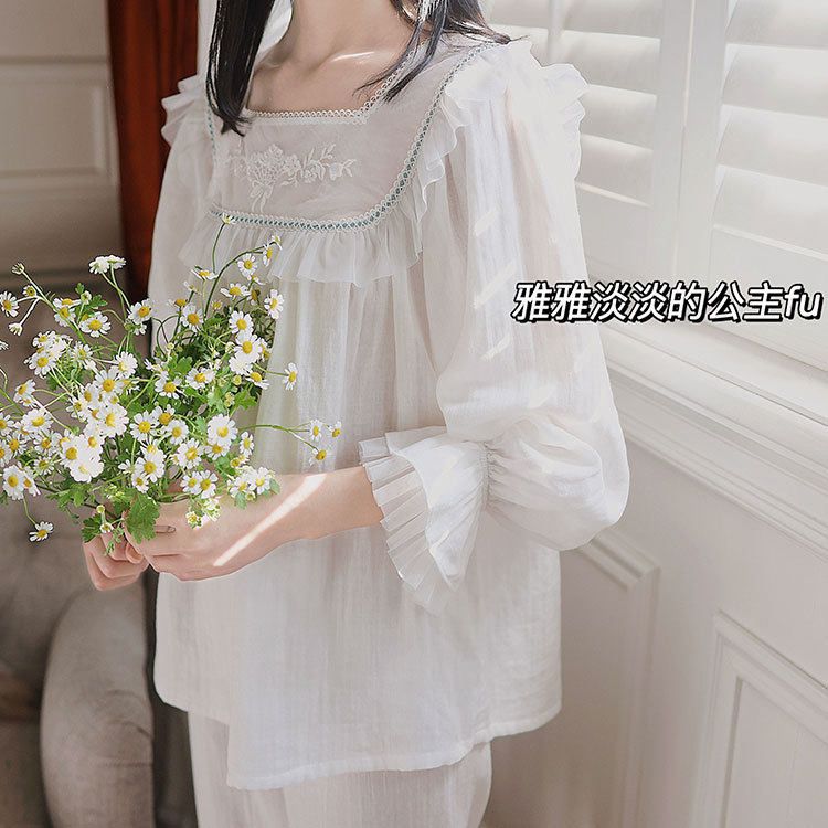 法式方领公主风睡衣长袖纯棉纱布宫廷风可爱春秋薄款圆领家居服女