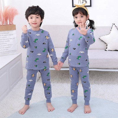 儿童三层保暖内衣套装纯棉加厚夹棉男童女童打底衫中大童秋冬睡衣