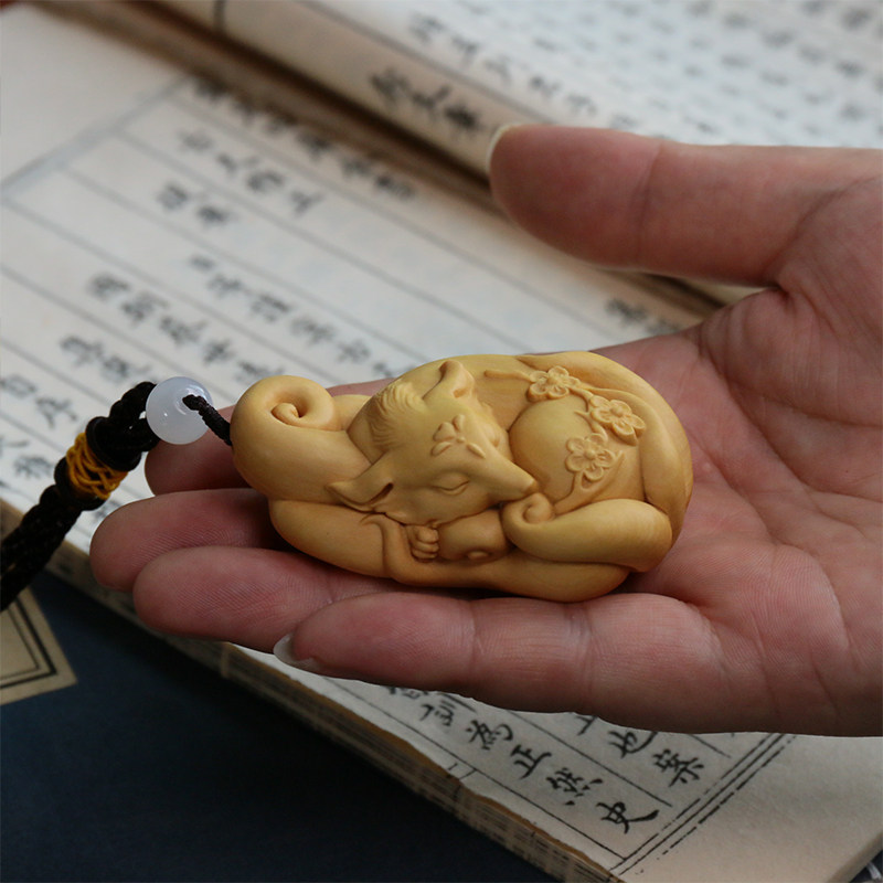 小叶黄杨木雕手把件九尾狐仙雕刻工艺品动物神兽文玩实木饰品挂件