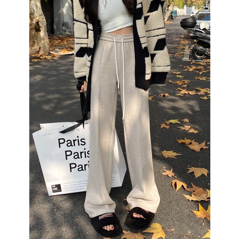 灰色羊毛呢直筒裤女秋冬高腰窄版阔腿裤休闲人字纹加绒加厚西装裤