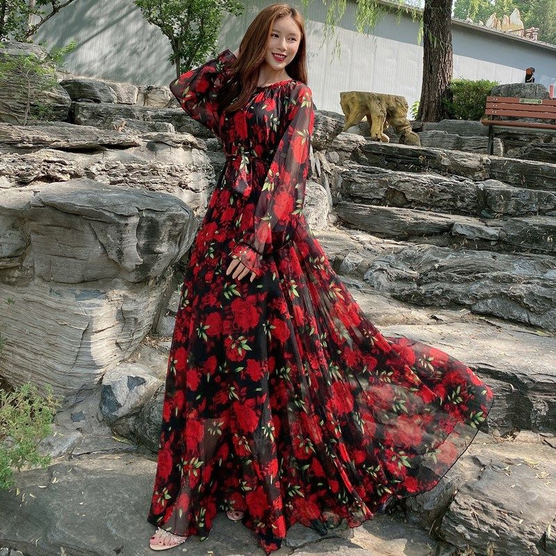 长袖雪纺连衣裙超长及踝肥瘦均可穿春夏度假旅游显痩沙滩大摆裙