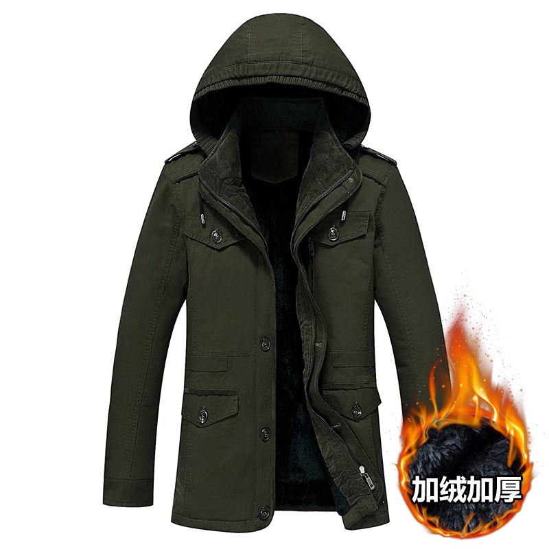 纯棉风衣男秋冬中长款加绒加厚保暖羽绒棉衣服羊羔绒夹克连帽外套