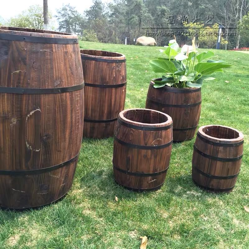 啤酒桶圆形木桶花盆炭化色复古仿古花桶家居摆设实物阳台摆件养花