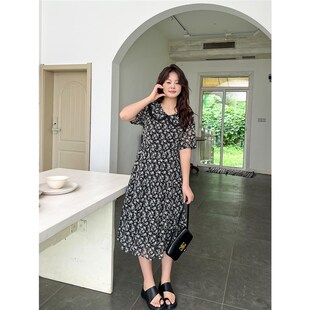 大码百分百女装夏季微胖mm小个子雪纺气质收腰娃娃领碎花连衣裙