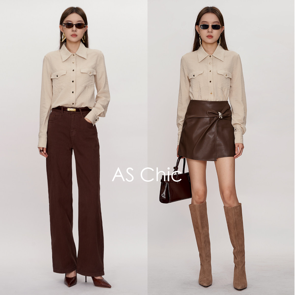 AS chicAW「巴恩风」燕麦色复古工装通勤长袖立体贴袋衬衫ASC183