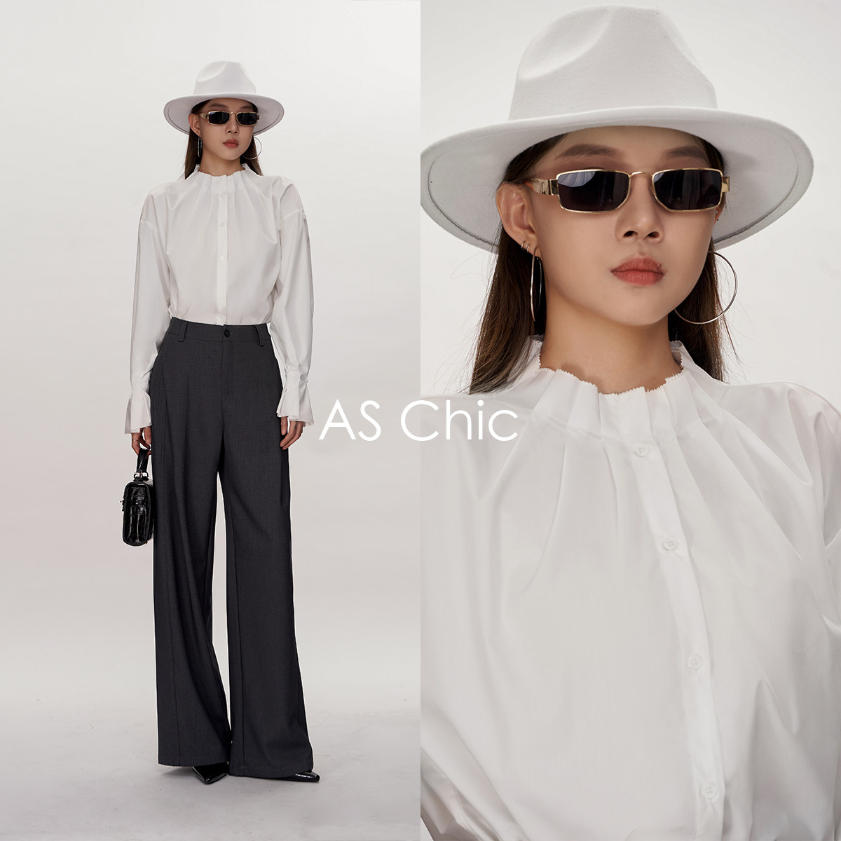 AS chicAW 法式古典褶皱领口设计款不规则花苞袖衬衫ASC6160