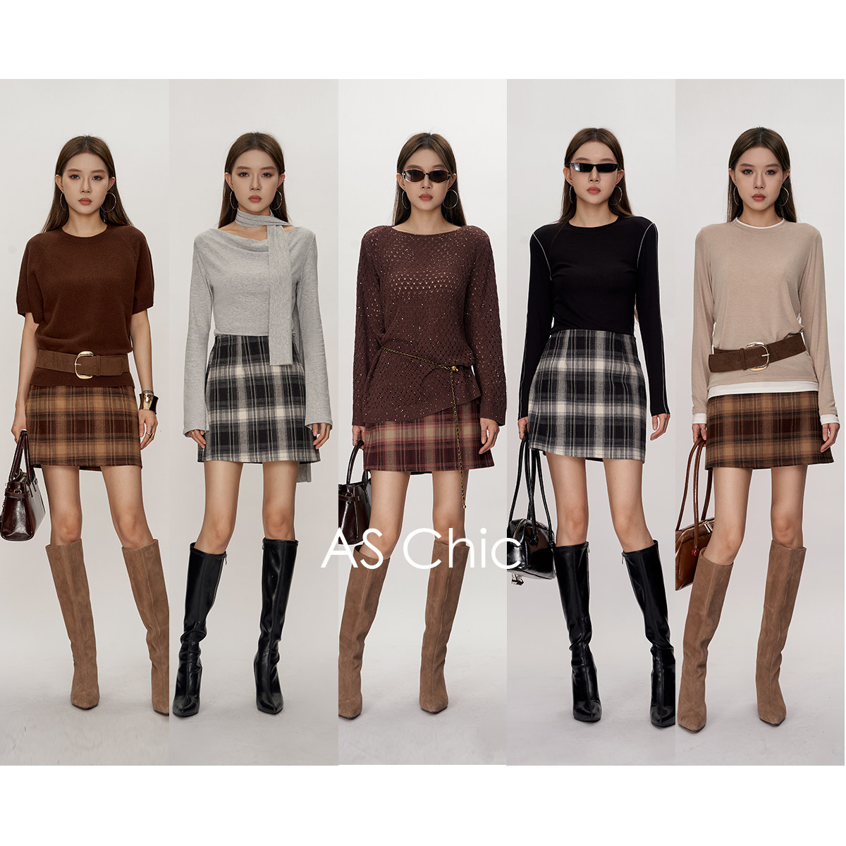 AS chicAW「知识分子」 粗纺威尔士格长短款直筒a半裙ASQ2044