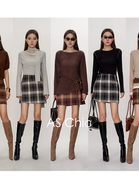 AS chicAW「知识分子」 粗纺威尔士格长短款直筒a半裙ASQ2044