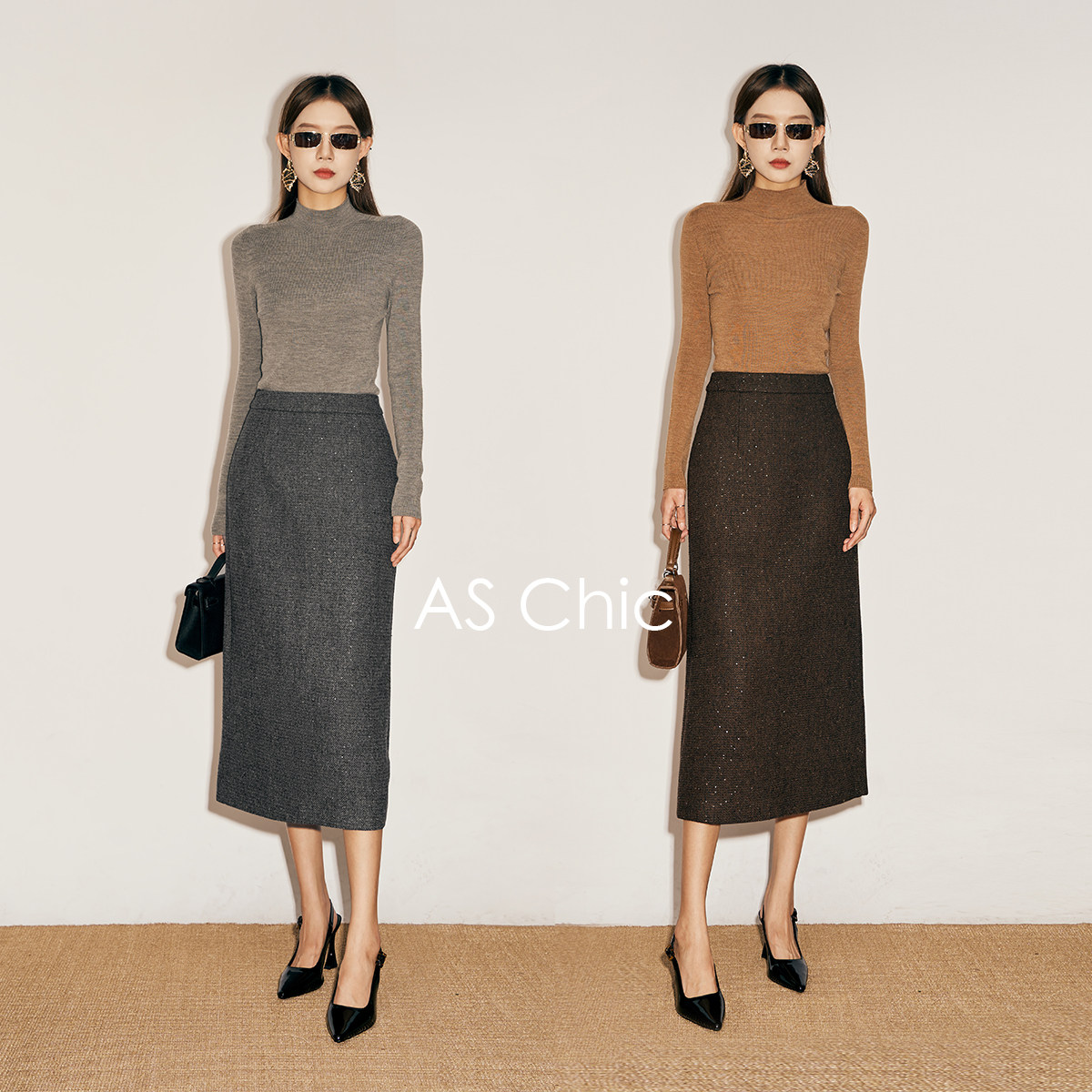 AS chicAW复古重工小香风高级感黑色星空毛呢半身长裙女ASQ1828