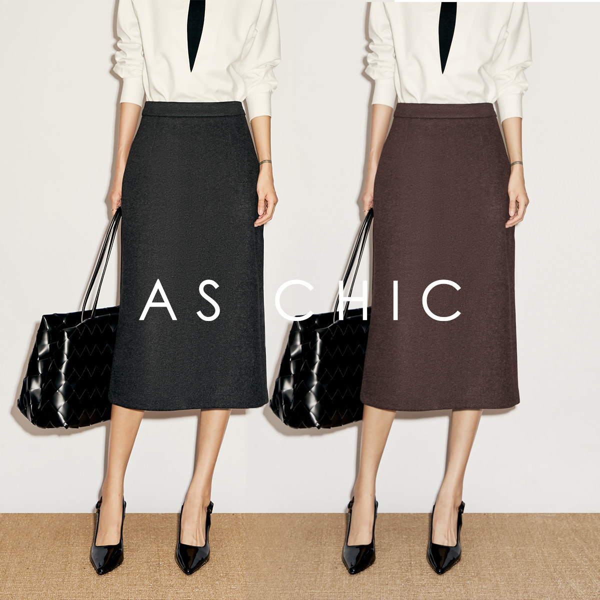 AS chicAW Row风/百搭基础高级感毛呢中长款直筒半裙ASQ2011