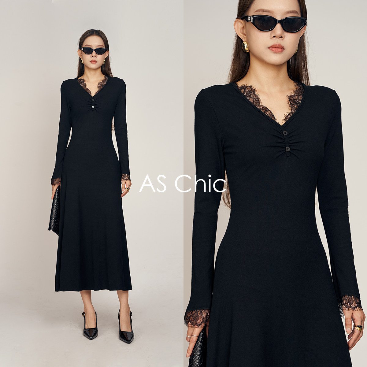 AS chicAW 「都市漫游」设计款法式领口袖口蕾丝连衣长裙ADC1548