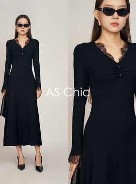 AS chicAW 「都市漫游」设计款法式领口袖口蕾丝连衣长裙ADC1548