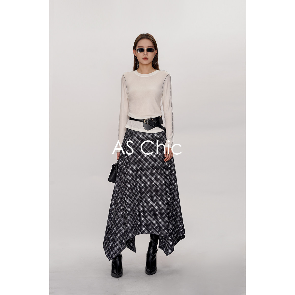 AS chicAW「复古街头」不规则解构A字裙型黑白格纹半身裙ASG2049