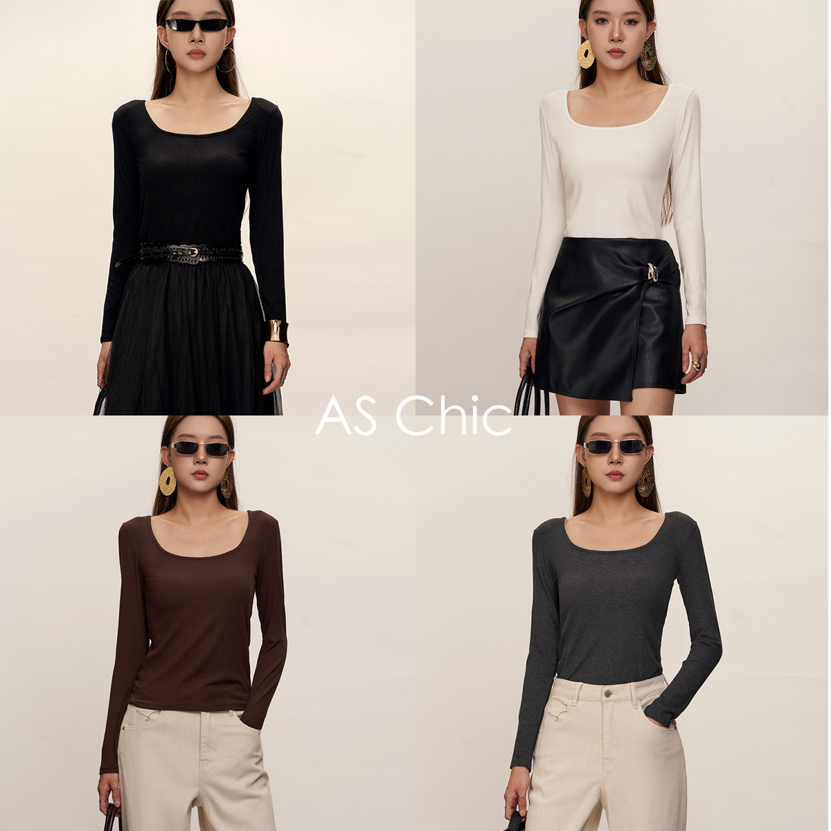 AS chicAW「早秋内搭」坑条U领修身款内搭显瘦T恤上衣AST2059